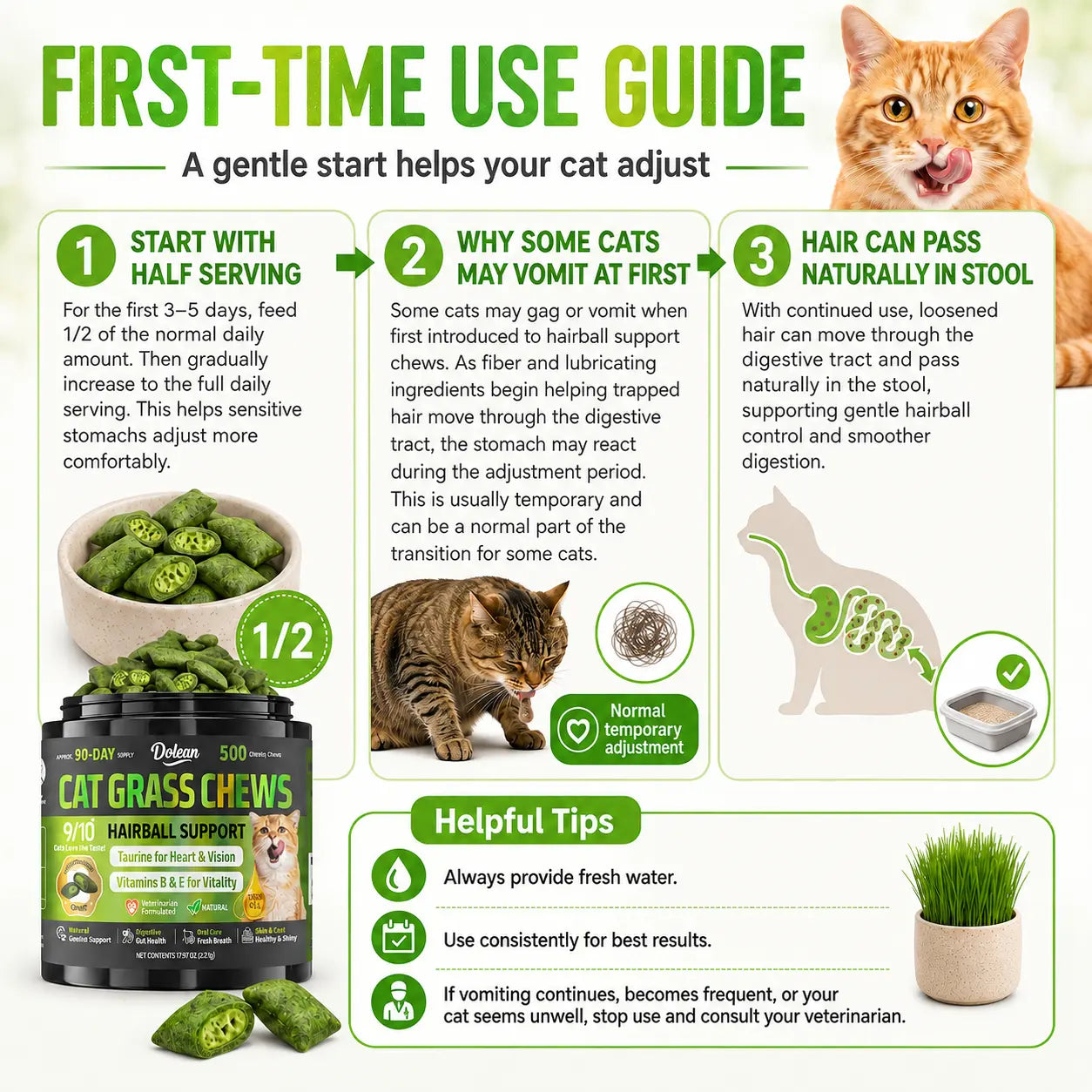 Dolean Cat Grass Chews - Crunchy Chicken Flavor Snack for Hairball Control & Digestive Health, 500 Grain-Free Treats with Essential Vitamins, Fish Oil & Taurine for Healthy Skin, Coat & Teeth