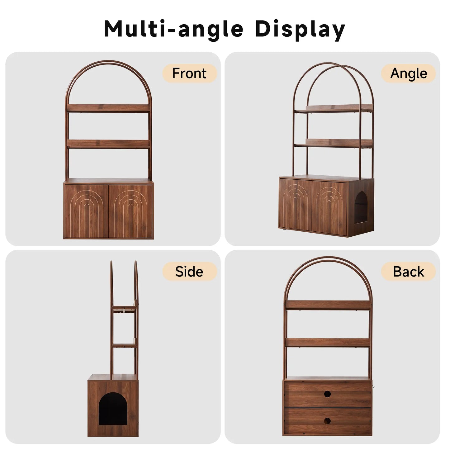 Stylish Walnut Cat Litter Box Enclosure with Shelves – Modern Hidden Cabinet for Your Living Room