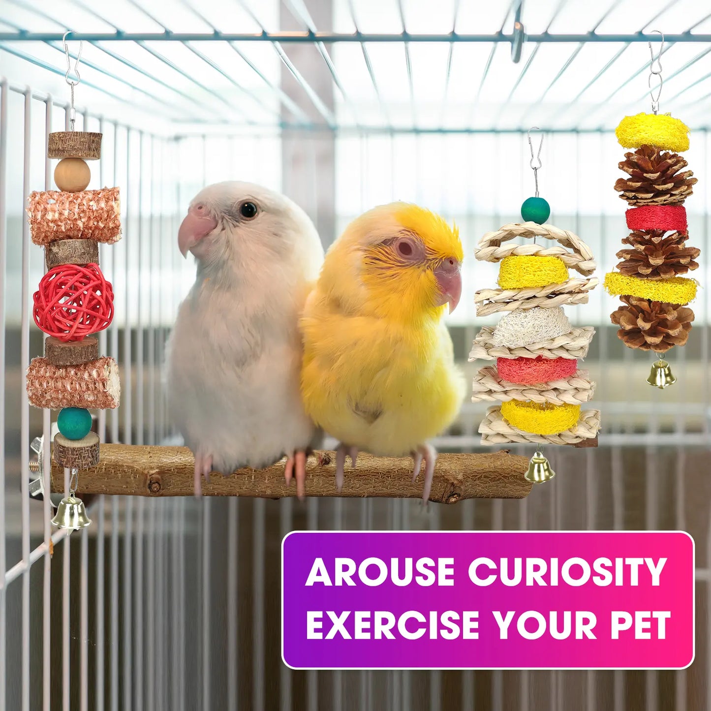 Delight Your Small Parrots with 7 Piece Natural Wood Bird Toy & Perch Set - Perfect for Parakeets, Cockatiels, Lovebirds & Budgies!