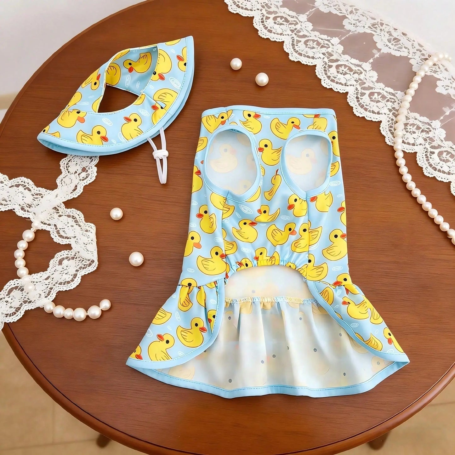 Adorable Blue & Yellow Duck Theme Pet Dress with Hat - Perfect Summer Outfit for Small/Medium Dogs and Cats! Ideal for Beach and Pool Days!