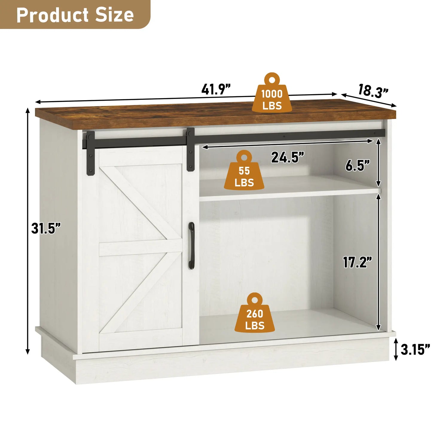 Stylish Farmhouse Aquarium Stand with Power Outlet - Heavy Duty 20 to 120 Gallon Fish Tank & Reptile Tank Cabinet with Sliding Barn Door in White, Grey, or Black