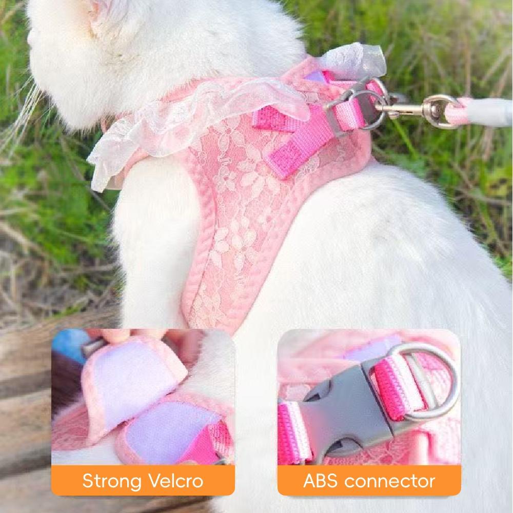 Chic Pink Lace Harness & Leash Set for Small Pets - Floral Vest-Style Design, Ideal for Dogs & Cats, Perfect for Stylish Walks!