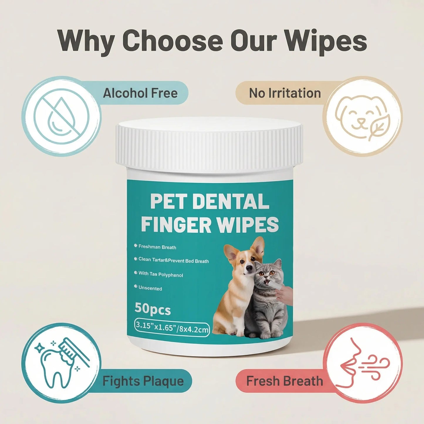 Happy Pup Life Pet Dental Wipes - 50-Count No-Rinse Finger Toothbrush Set for Dogs & Cats - Easy, Gentle Cleaning & Grooming Kit for Healthy Teeth & Ears - Perfect Travel Size