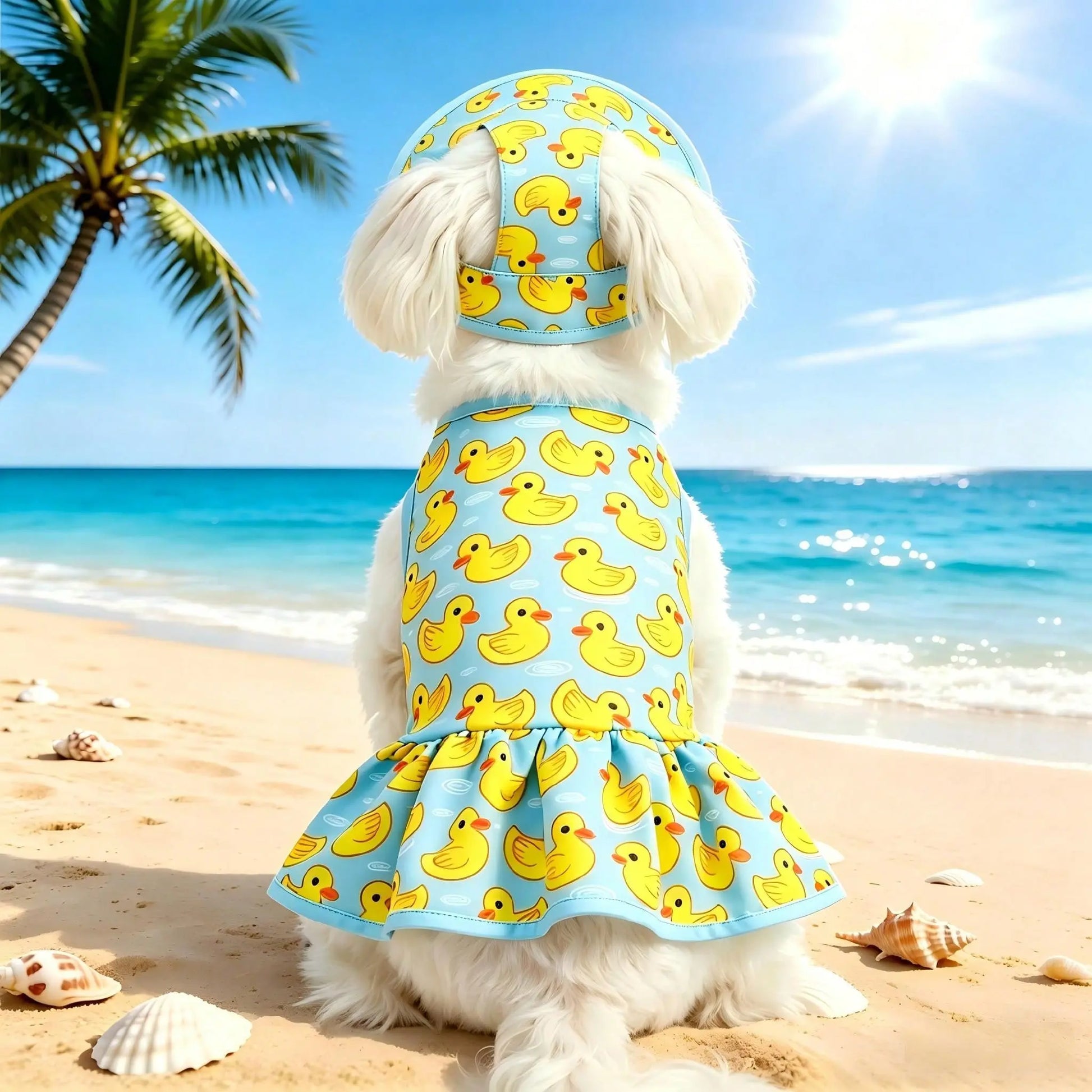 Adorable Blue & Yellow Duck Theme Pet Dress with Hat - Perfect Summer Outfit for Small/Medium Dogs and Cats! Ideal for Beach and Pool Days!