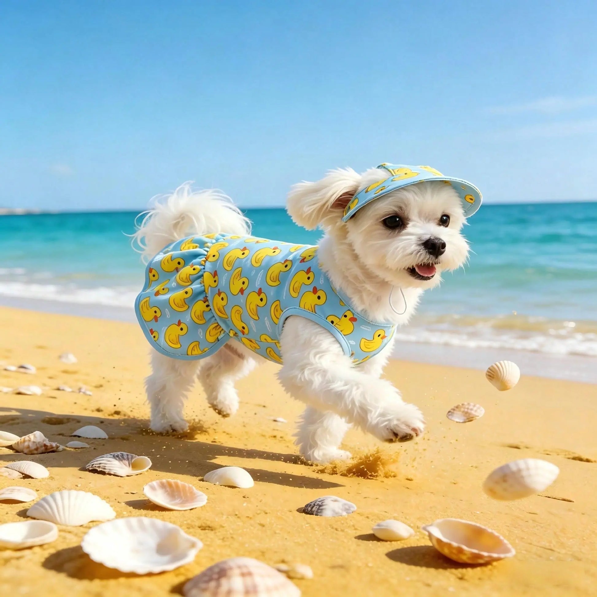 Adorable Blue & Yellow Duck Theme Pet Dress with Hat - Perfect Summer Outfit for Small/Medium Dogs and Cats! Ideal for Beach and Pool Days!