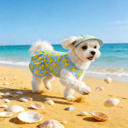 Adorable Blue & Yellow Duck Theme Pet Dress with Hat - Perfect Summer Outfit for Small/Medium Dogs and Cats! Ideal for Beach and Pool Days!