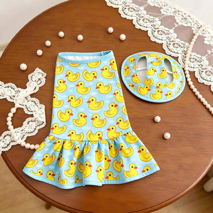 Adorable Blue & Yellow Duck Theme Pet Dress with Hat - Perfect Summer Outfit for Small/Medium Dogs and Cats! Ideal for Beach and Pool Days!