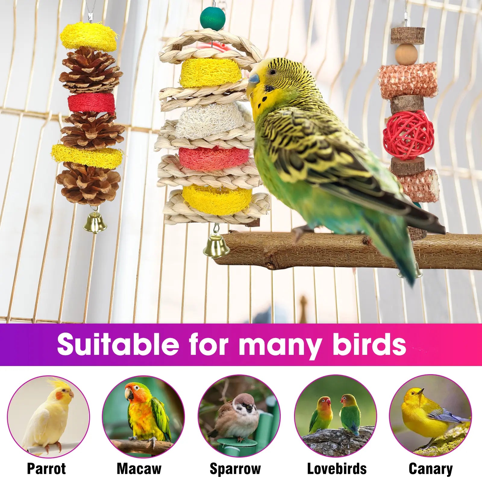 Delight Your Small Parrots with 7 Piece Natural Wood Bird Toy & Perch Set - Perfect for Parakeets, Cockatiels, Lovebirds & Budgies!
