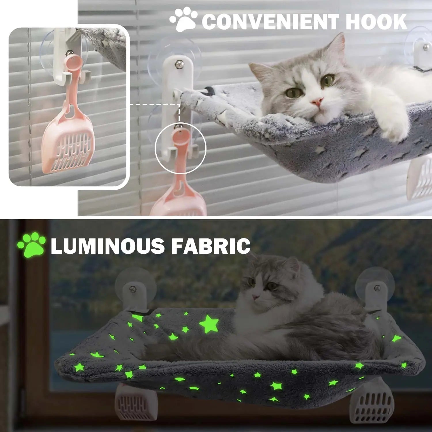 POMESEA Glow-in-the-Dark Cat Window Perch - Foldable Sunbathing Hammock with Hook Design for Large Cats