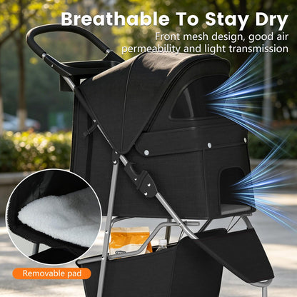 Lightweight 3-Wheel Pet Stroller - Foldable, Waterproof & Mesh-Breathable (Black) 🐾🖤