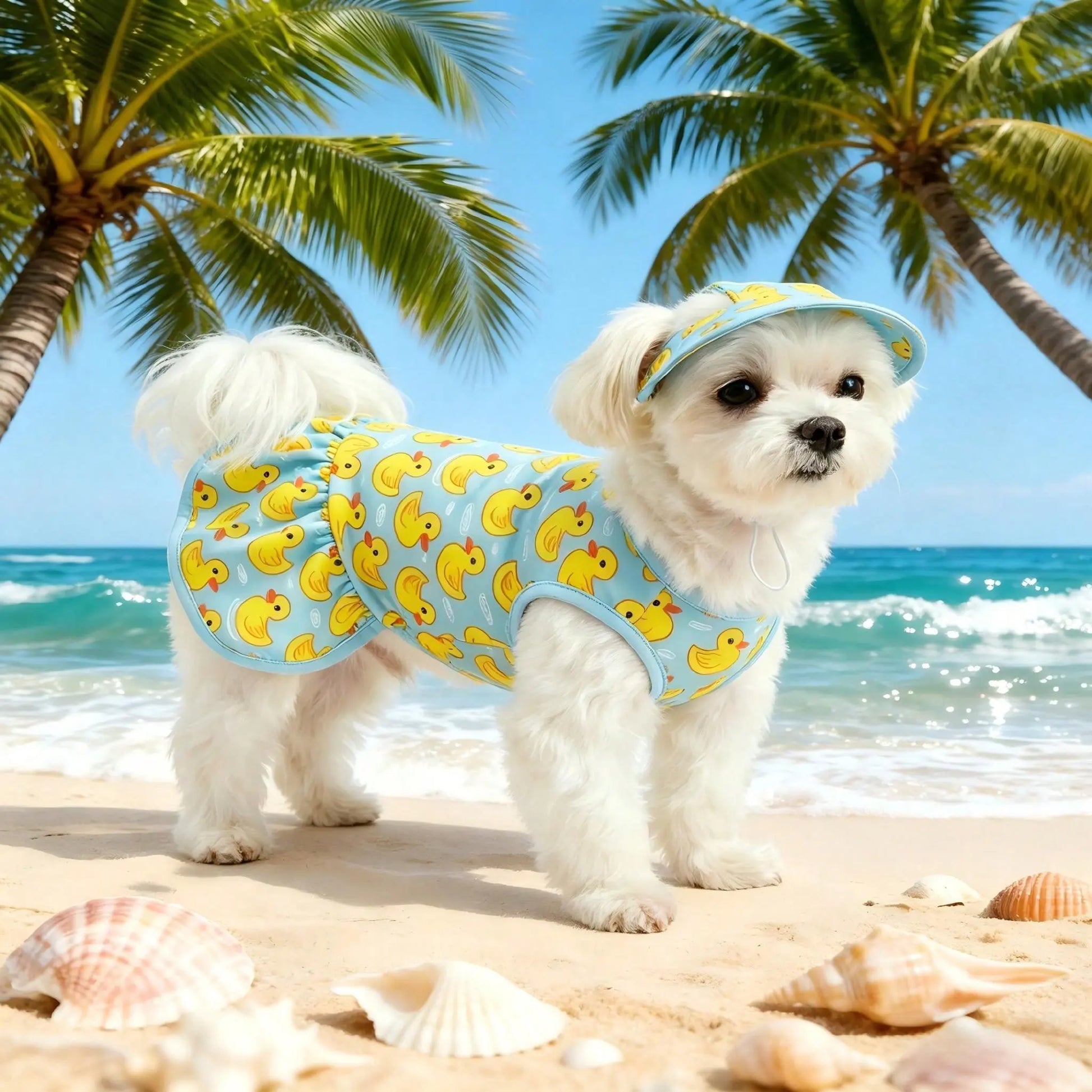 Adorable Blue & Yellow Duck Theme Pet Dress with Hat - Perfect Summer Outfit for Small/Medium Dogs and Cats! Ideal for Beach and Pool Days!