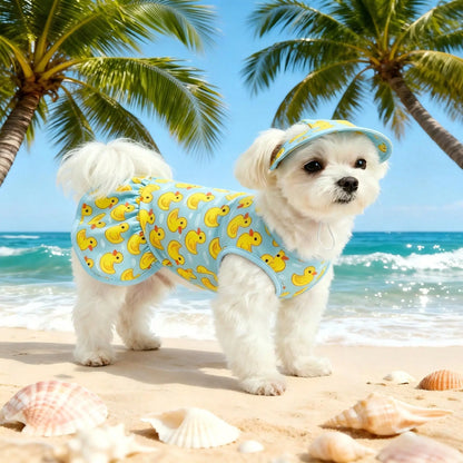 Adorable Blue & Yellow Duck Theme Pet Dress with Hat - Perfect Summer Outfit for Small/Medium Dogs and Cats! Ideal for Beach and Pool Days!