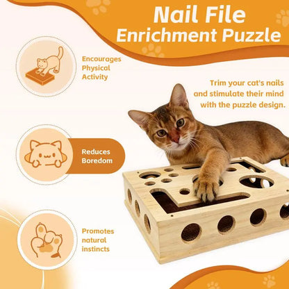 Interactive Cat Scratch Puzzle Box - Stress-Free Nail Care & Engaging Play Toy for All Ages - Durable Oak Design