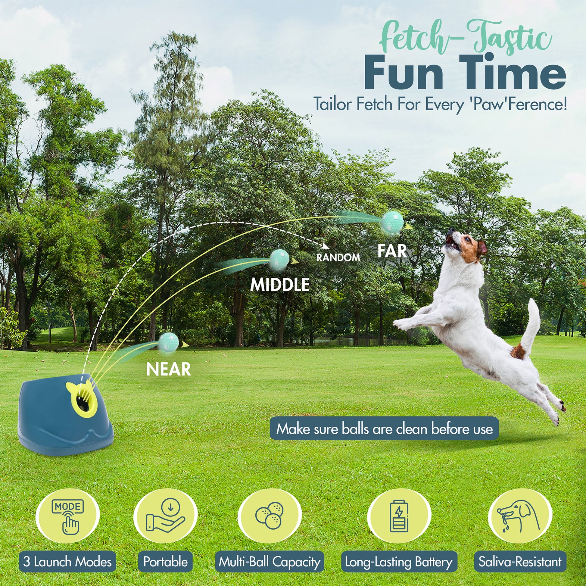 🎾 Automatic Dog Ball Launcher for Small Dogs | 4‑Distance Fetch Machine + 6 Latex Balls