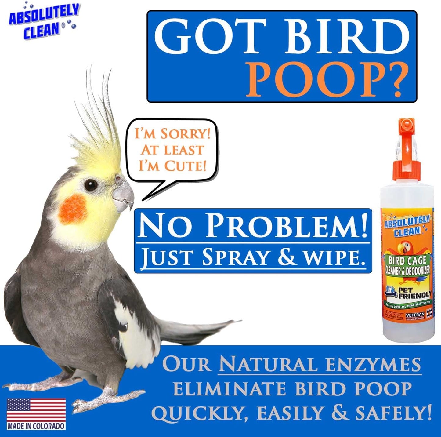 Absolutely Clean Bird Cage Cleaner 🐦✨ Enzyme Poop Remover & Odor Eliminator 16oz