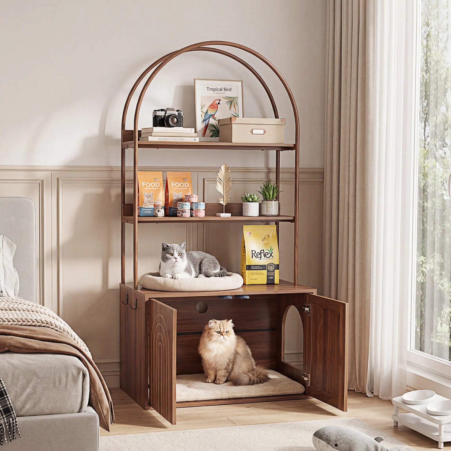 Stylish Walnut Cat Litter Box Enclosure with Shelves – Modern Hidden Cabinet for Your Living Room