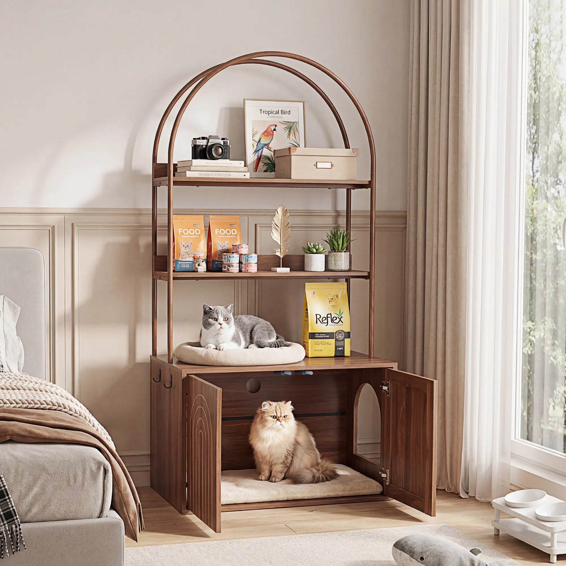 Stylish Walnut Cat Litter Box Enclosure with Shelves – Modern Hidden Cabinet for Your Living Room