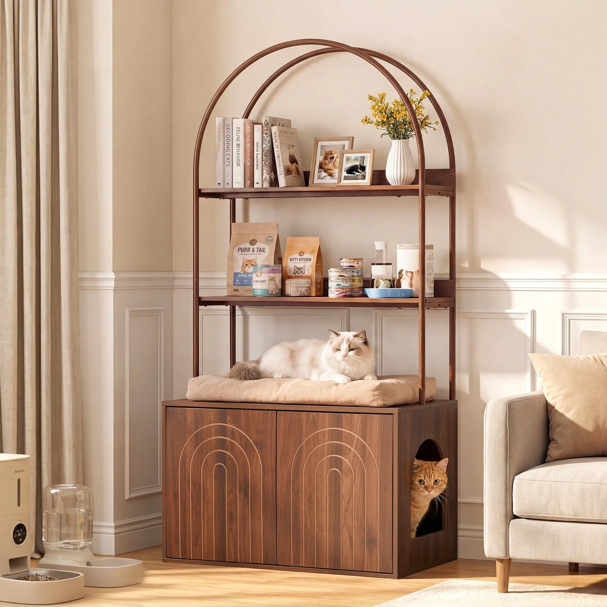 Stylish Walnut Cat Litter Box Enclosure with Shelves – Modern Hidden Cabinet for Your Living Room