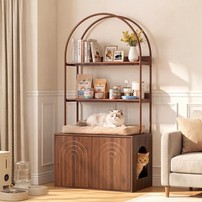 Stylish Walnut Cat Litter Box Enclosure with Shelves – Modern Hidden Cabinet for Your Living Room