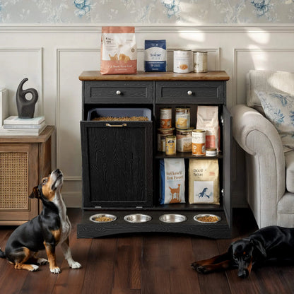Elevate Mealtime with the Summervibes Engineered Wood Pet Feeding Station - Stylish Cabinet with Dual Tiltable Doors & 4 Bowls for Instant Access