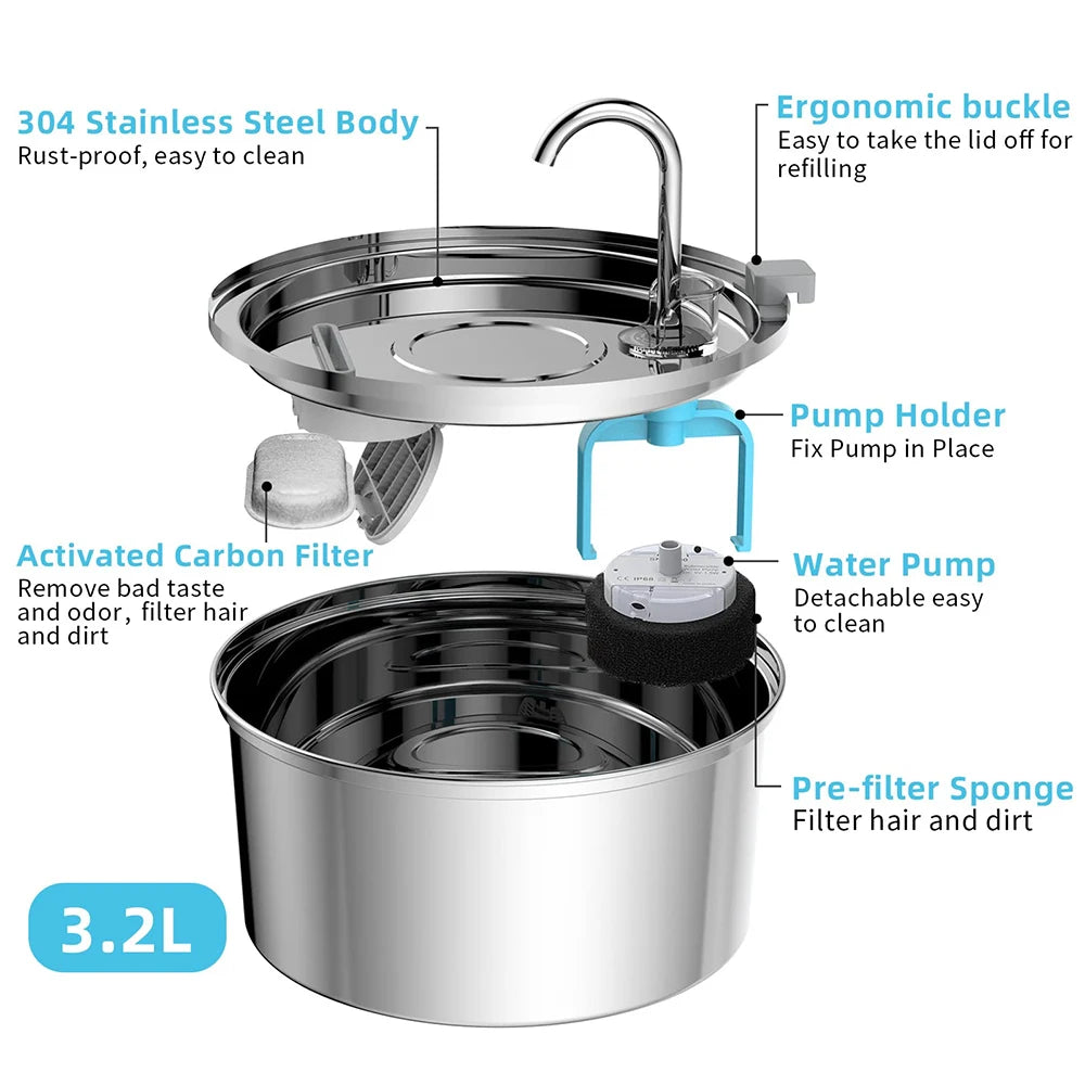 Automatic Stainless Steel Pet Water Fountain – USB Quiet Filtered Drinking Bowl