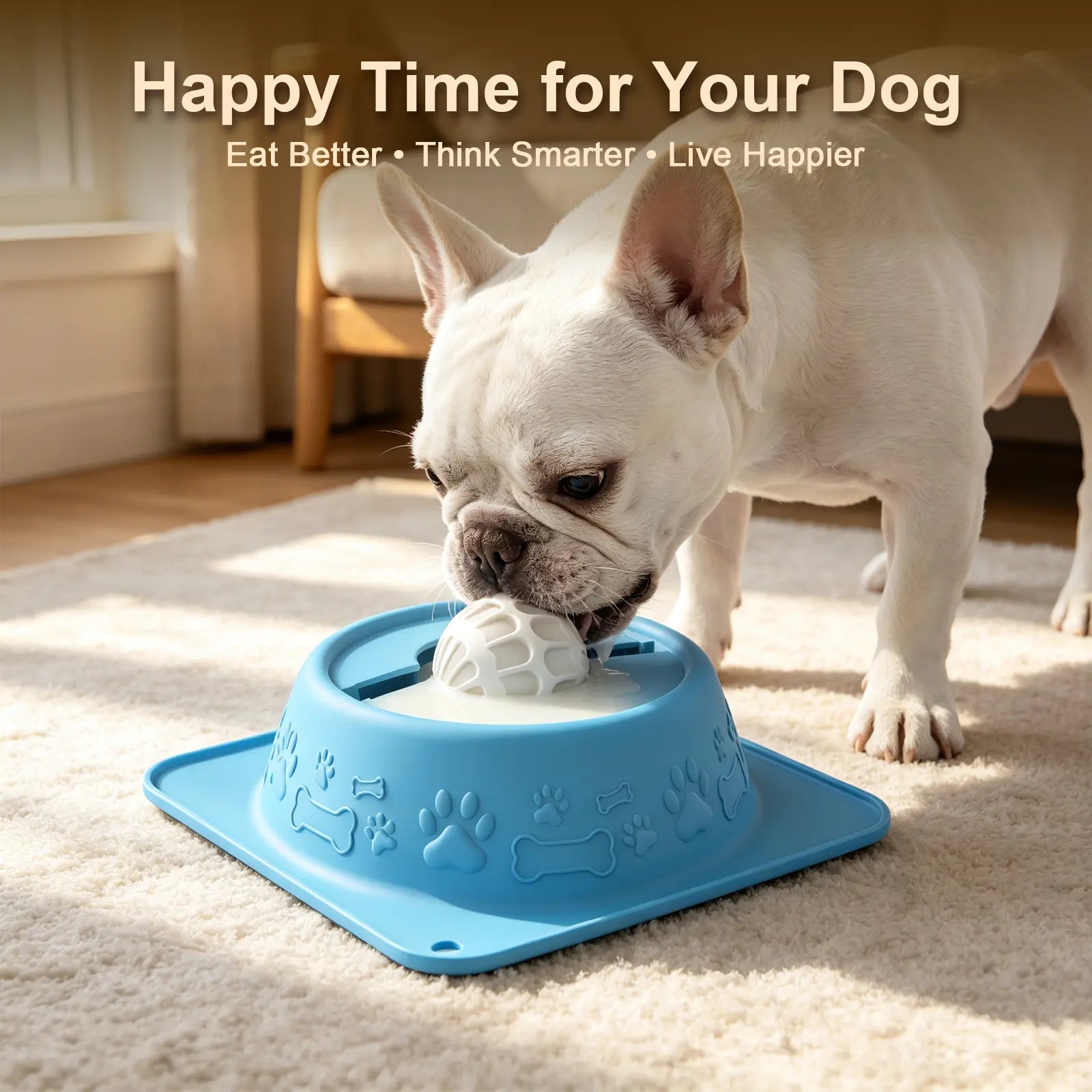 Non-Spill Dog & Cat Lick Bowl - Slow Feeder Puzzle for Wet Treats, Yogurt & Bone Broth - Blue Non-Slip Pet Enrichment Bowl