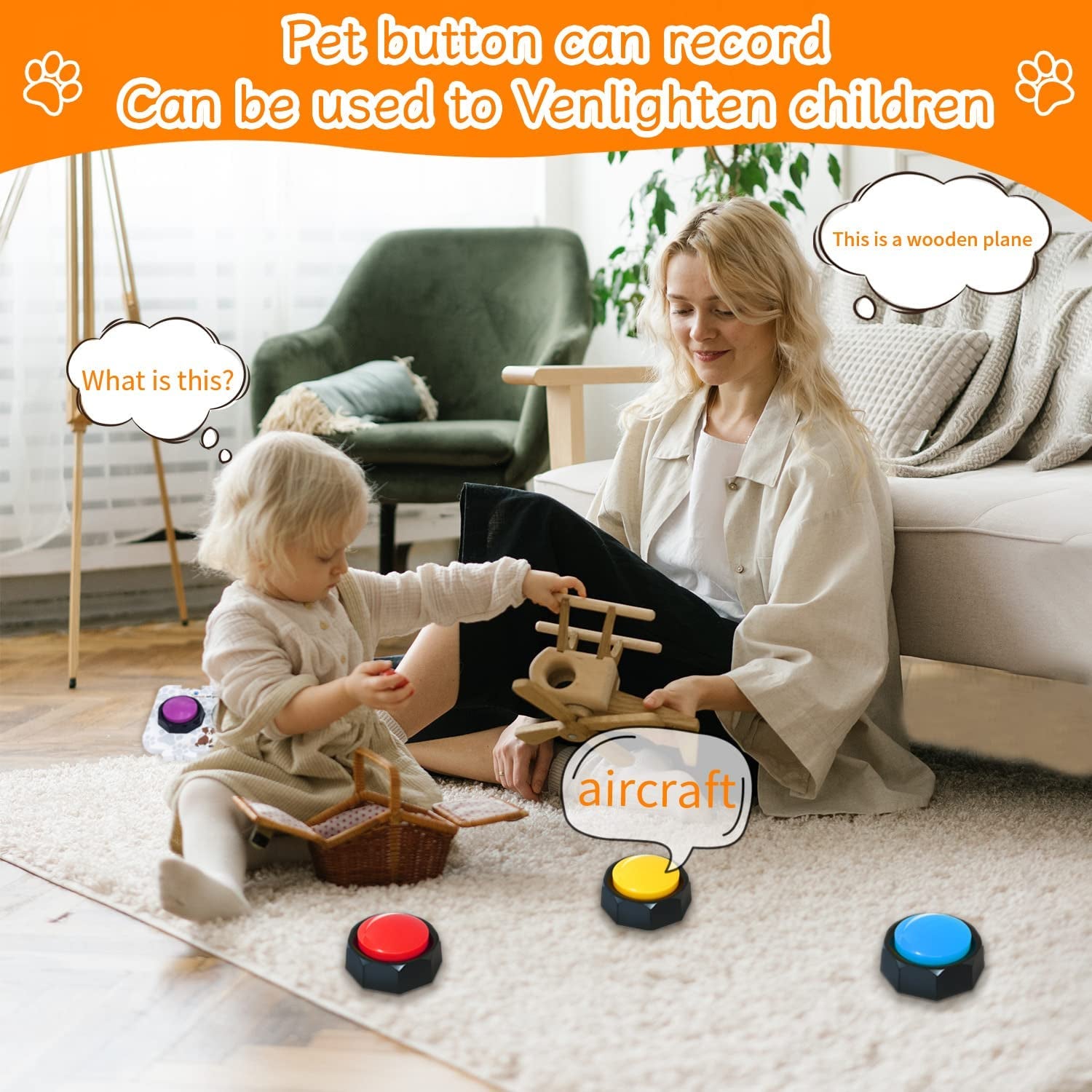 Dog Communication Buttons – 4 Recordable Talking Buttons with 25 Stickers  