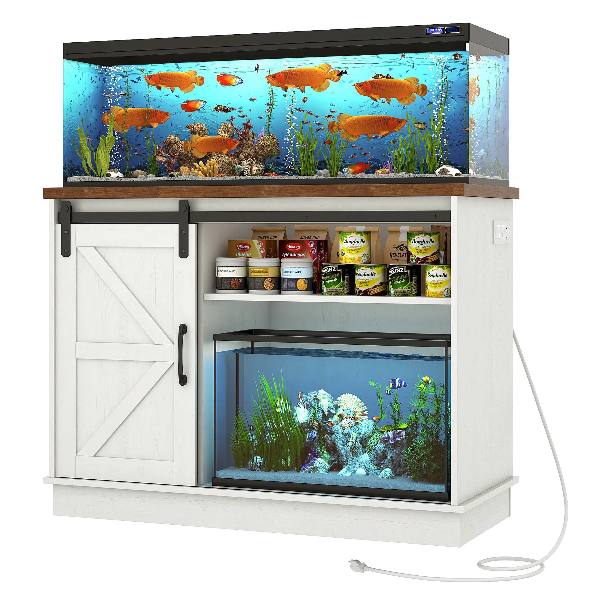 Stylish Farmhouse Aquarium Stand with Power Outlet - Heavy Duty 20 to 120 Gallon Fish Tank & Reptile Tank Cabinet with Sliding Barn Door in White, Grey, or Black