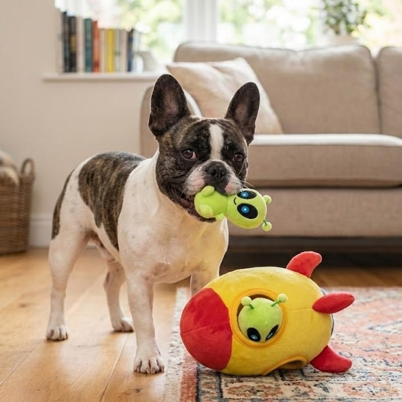 Alien Hide‑&‑Seek Dog Toy 🚀👽 Squeaky Plush Puzzle Spaceship w/ Treat Slot