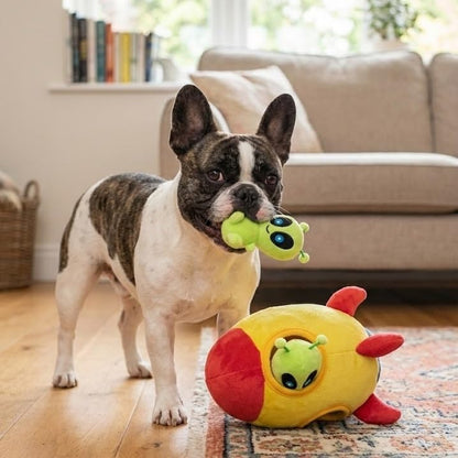 Alien Hide‑&‑Seek Dog Toy 🚀👽 Squeaky Plush Puzzle Spaceship w/ Treat Slot