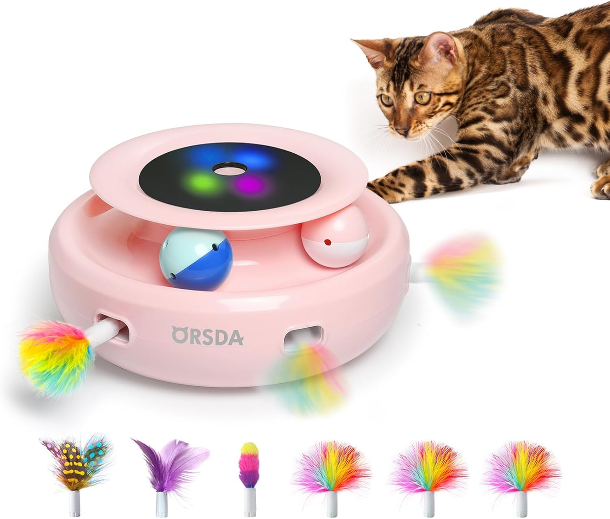 2-in-1 Interactive Automatic Cat Toy - Balls + Ambush Feather + 7 Attachments