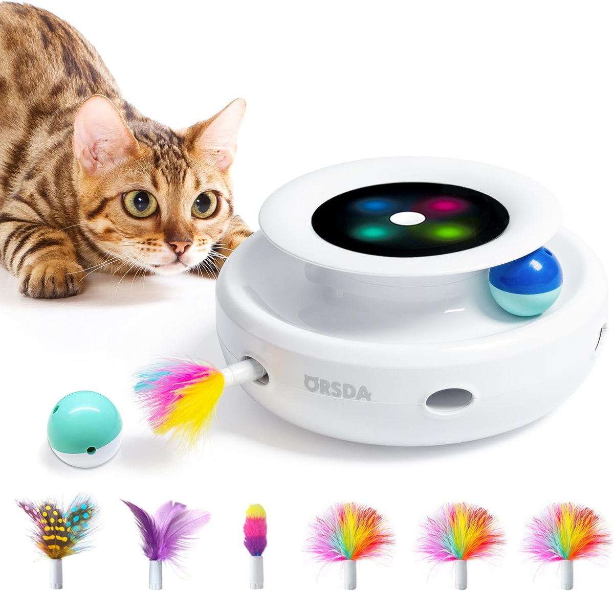 2-in-1 Interactive Automatic Cat Toy - Balls + Ambush Feather + 7 Attachments