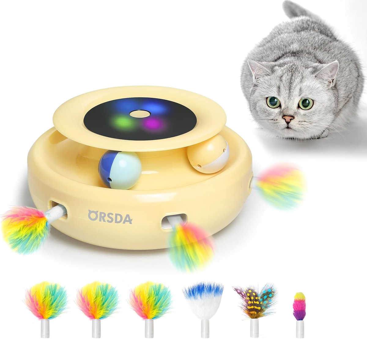 2-in-1 Interactive Automatic Cat Toy - Balls + Ambush Feather + 7 Attachments