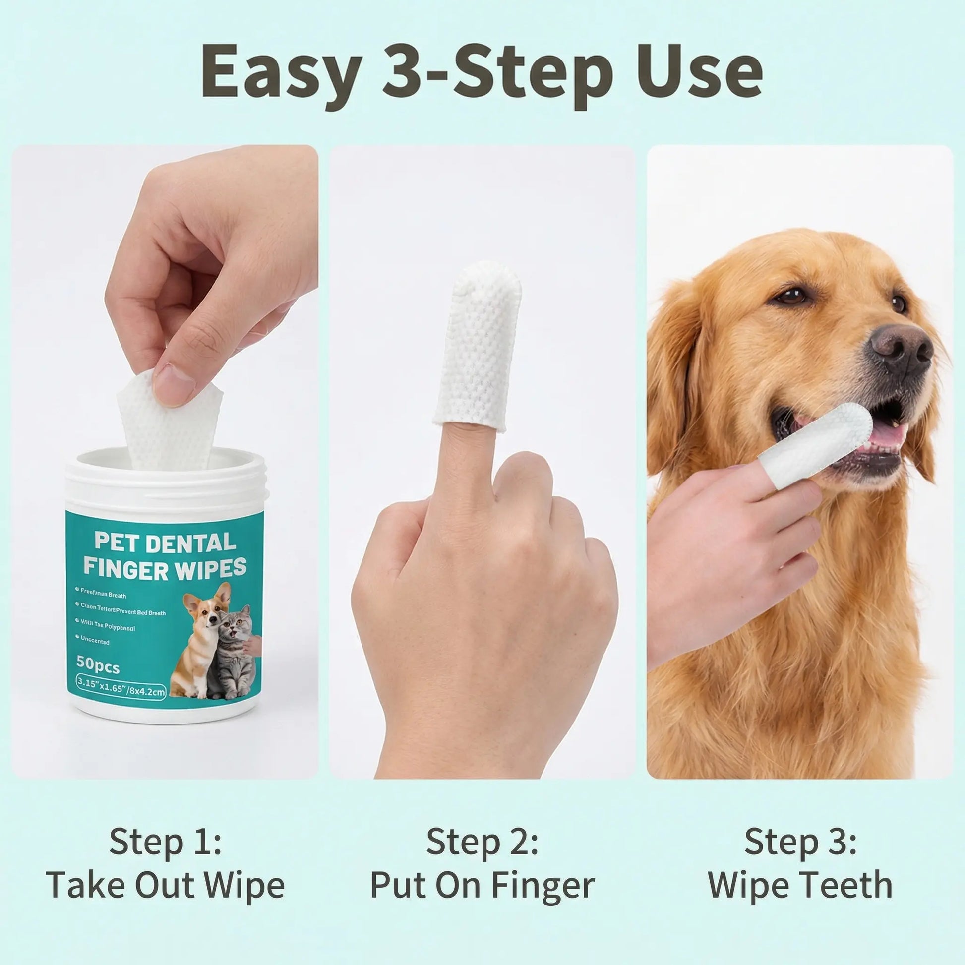 Happy Pup Life Pet Dental Wipes - 50-Count No-Rinse Finger Toothbrush Set for Dogs & Cats - Easy, Gentle Cleaning & Grooming Kit for Healthy Teeth & Ears - Perfect Travel Size