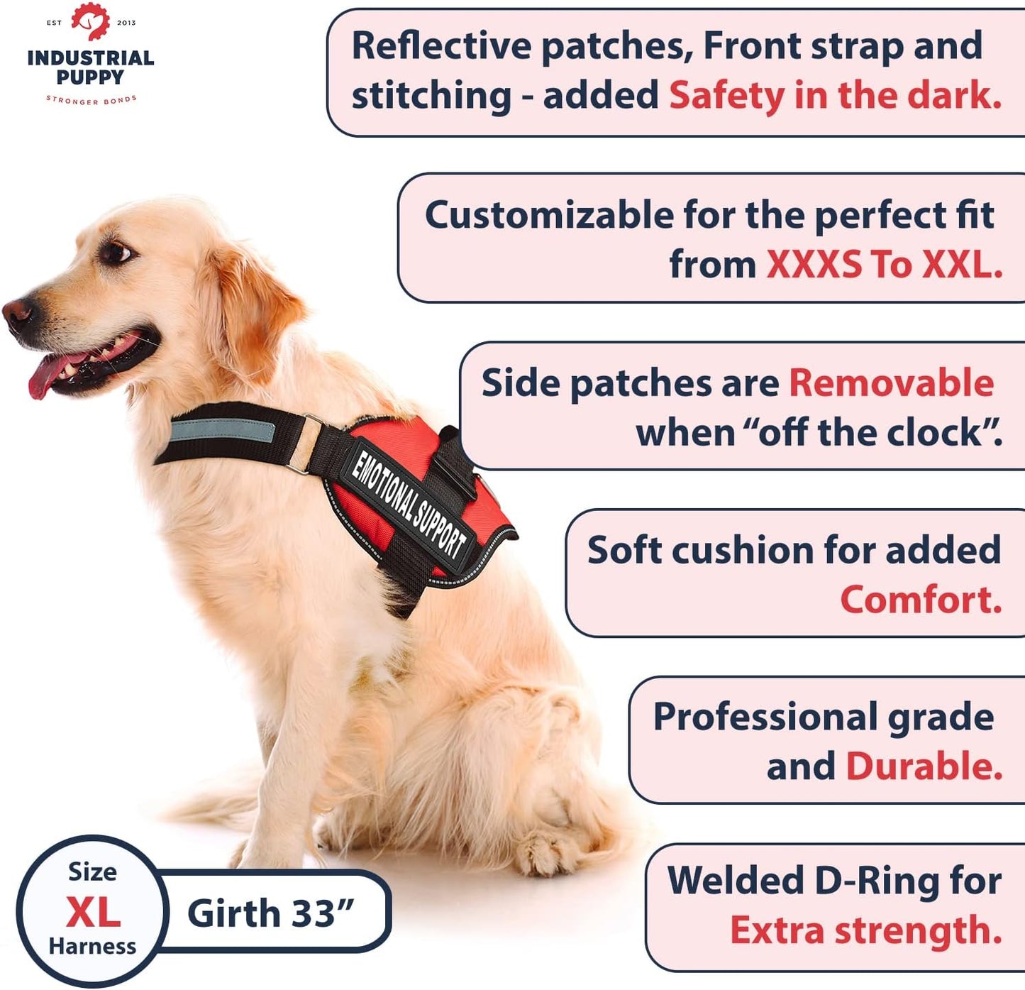 Comfort & Safety for Your Pup: Adjustable Emotional Support Dog Vest Harness - Pink, Large (27-33") with Reflective Straps, Removable Patches, and Convenient Handle