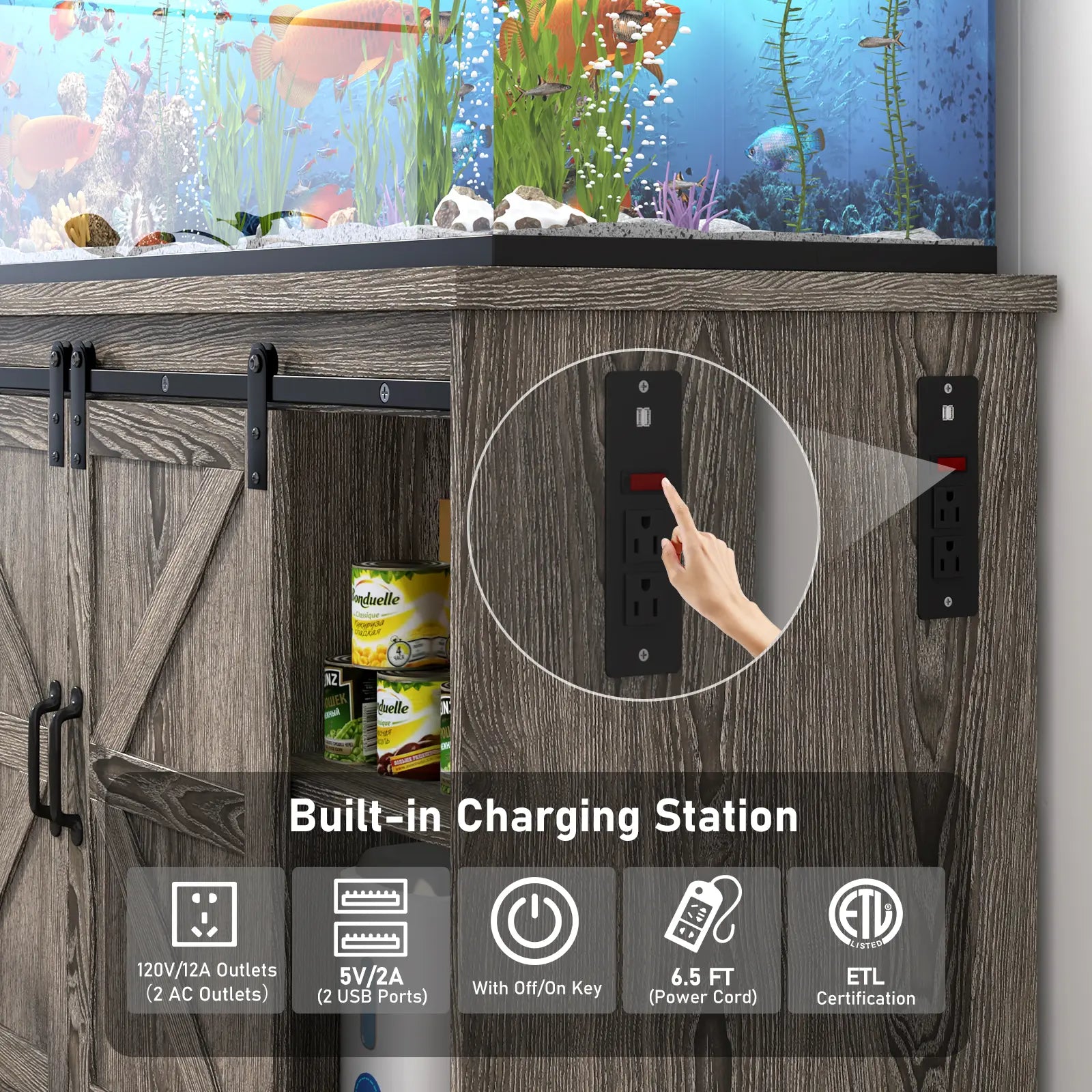 Stylish Farmhouse Aquarium Stand with Power Outlet - Heavy Duty 20 to 120 Gallon Fish Tank & Reptile Tank Cabinet with Sliding Barn Door in White, Grey, or Black
