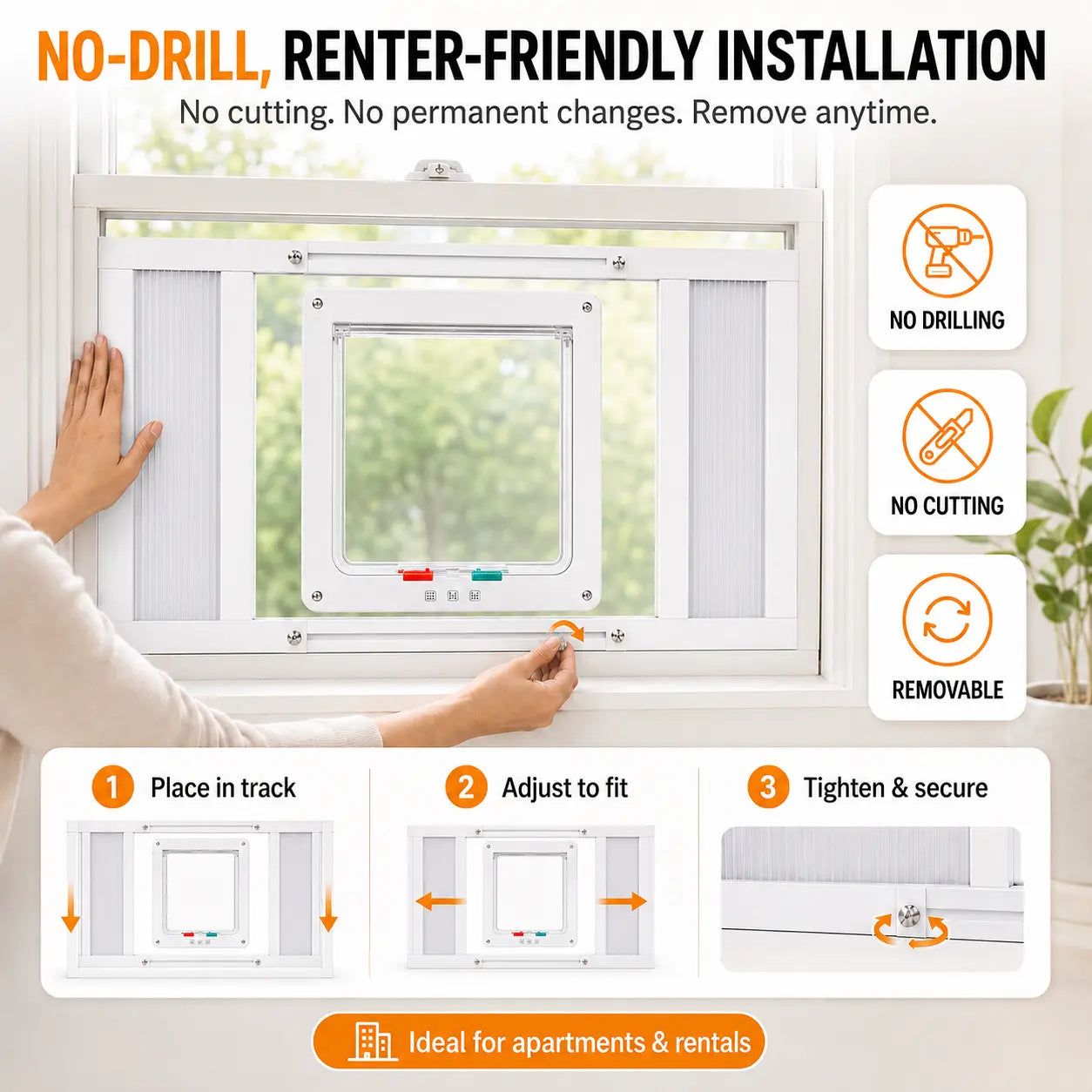 Jubitail No-Drill Cat Door Insert for Vertical Sash Windows – Easy Access for Cats (Fits 23.5–37.5 In)