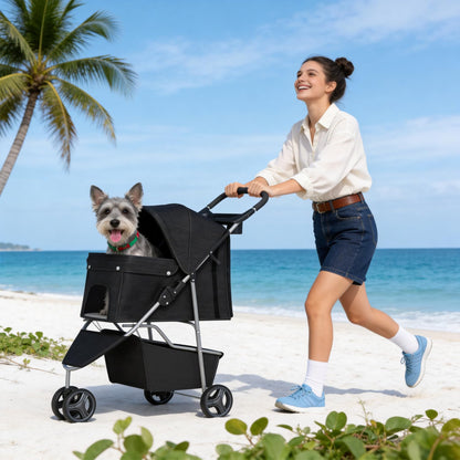 Lightweight 3-Wheel Pet Stroller - Foldable, Waterproof & Mesh-Breathable (Black) 🐾🖤