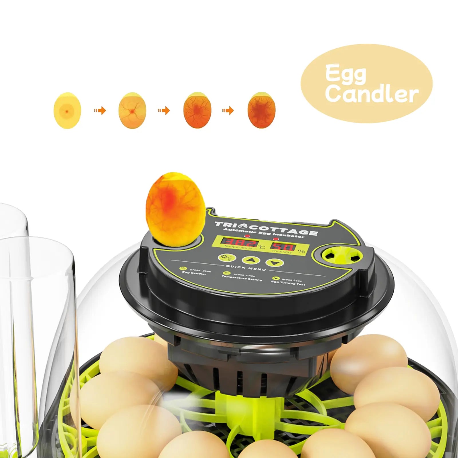 Automatic Egg Incubator with Humidity Display, Built-In Egg Candler, and 360° Transparent View for Home Chicken Hatching and Poultry Farming