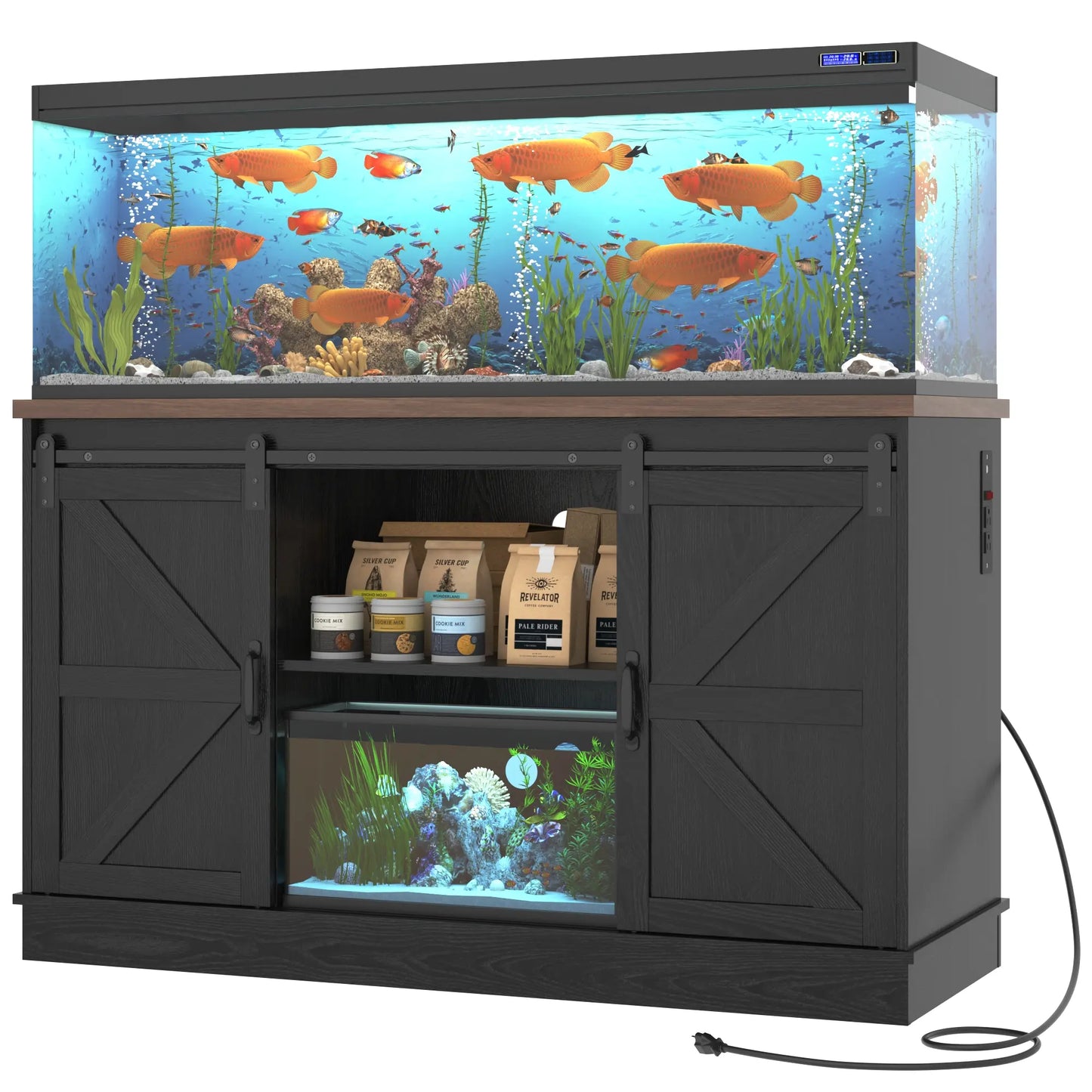 Stylish Farmhouse Aquarium Stand with Power Outlet - Heavy Duty 20 to 120 Gallon Fish Tank & Reptile Tank Cabinet with Sliding Barn Door in White, Grey, or Black