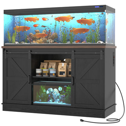 Stylish Farmhouse Aquarium Stand with Power Outlet - Heavy Duty 20 to 120 Gallon Fish Tank & Reptile Tank Cabinet with Sliding Barn Door in White, Grey, or Black