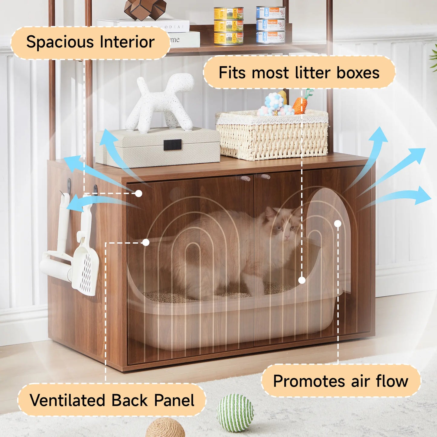 Stylish Walnut Cat Litter Box Enclosure with Shelves – Modern Hidden Cabinet for Your Living Room