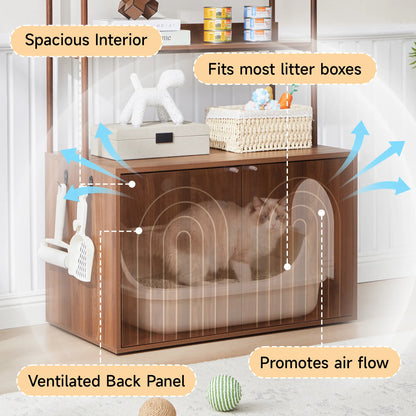 Stylish Walnut Cat Litter Box Enclosure with Shelves – Modern Hidden Cabinet for Your Living Room
