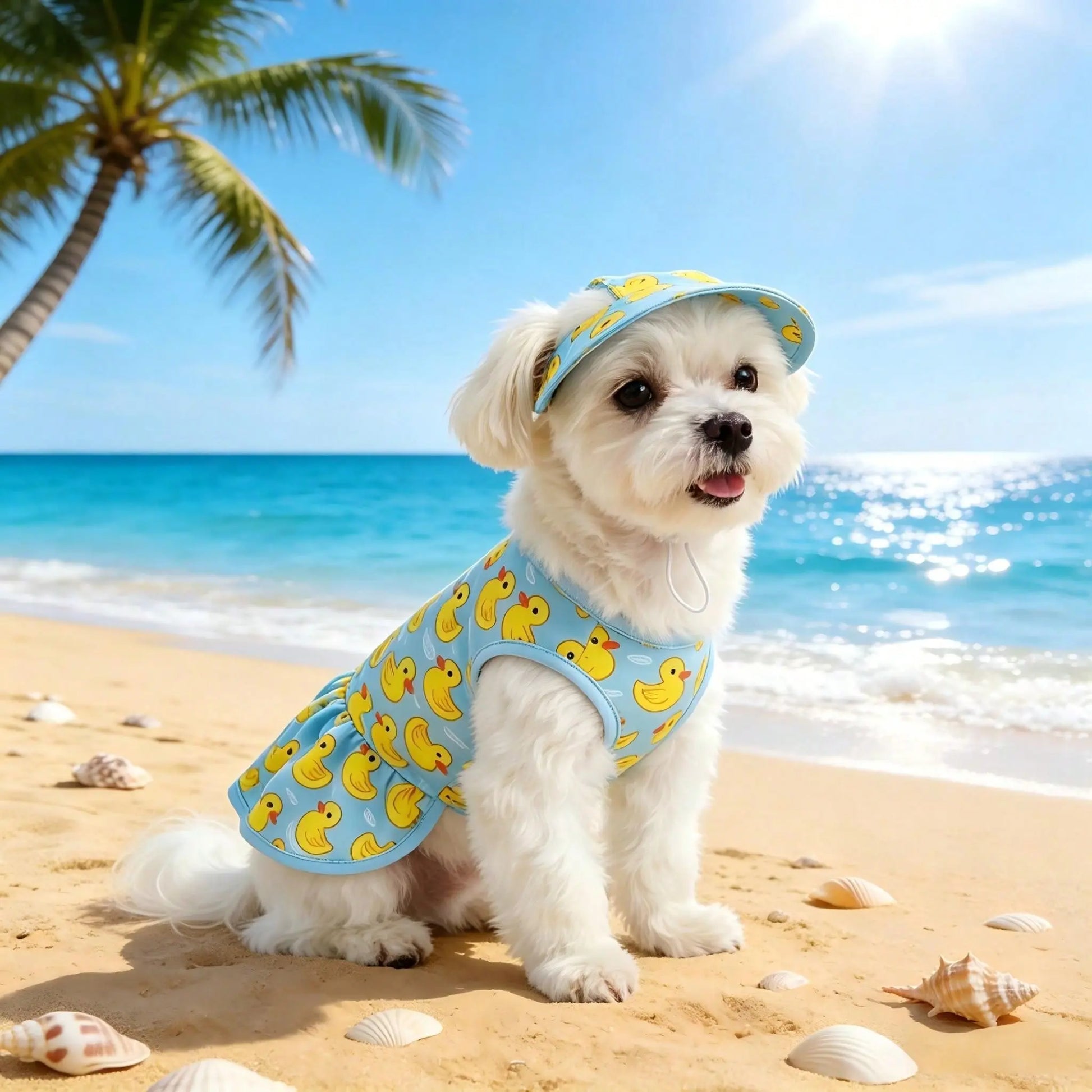 Adorable Blue & Yellow Duck Theme Pet Dress with Hat - Perfect Summer Outfit for Small/Medium Dogs and Cats! Ideal for Beach and Pool Days!