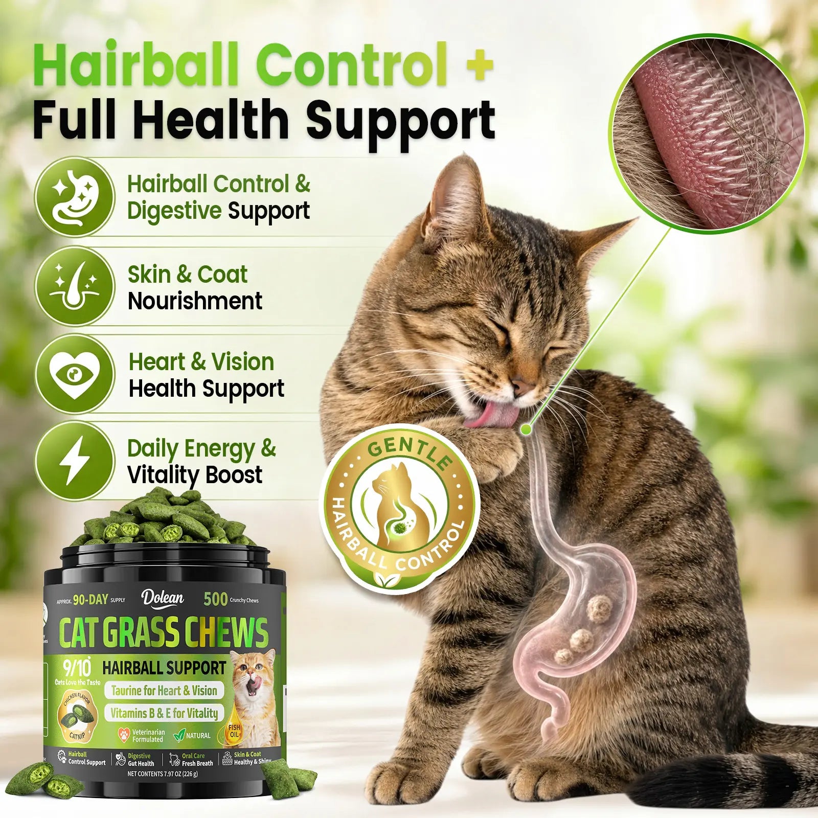 Dolean Cat Grass Chews - Crunchy Chicken Flavor Snack for Hairball Control & Digestive Health, 500 Grain-Free Treats with Essential Vitamins, Fish Oil & Taurine for Healthy Skin, Coat & Teeth