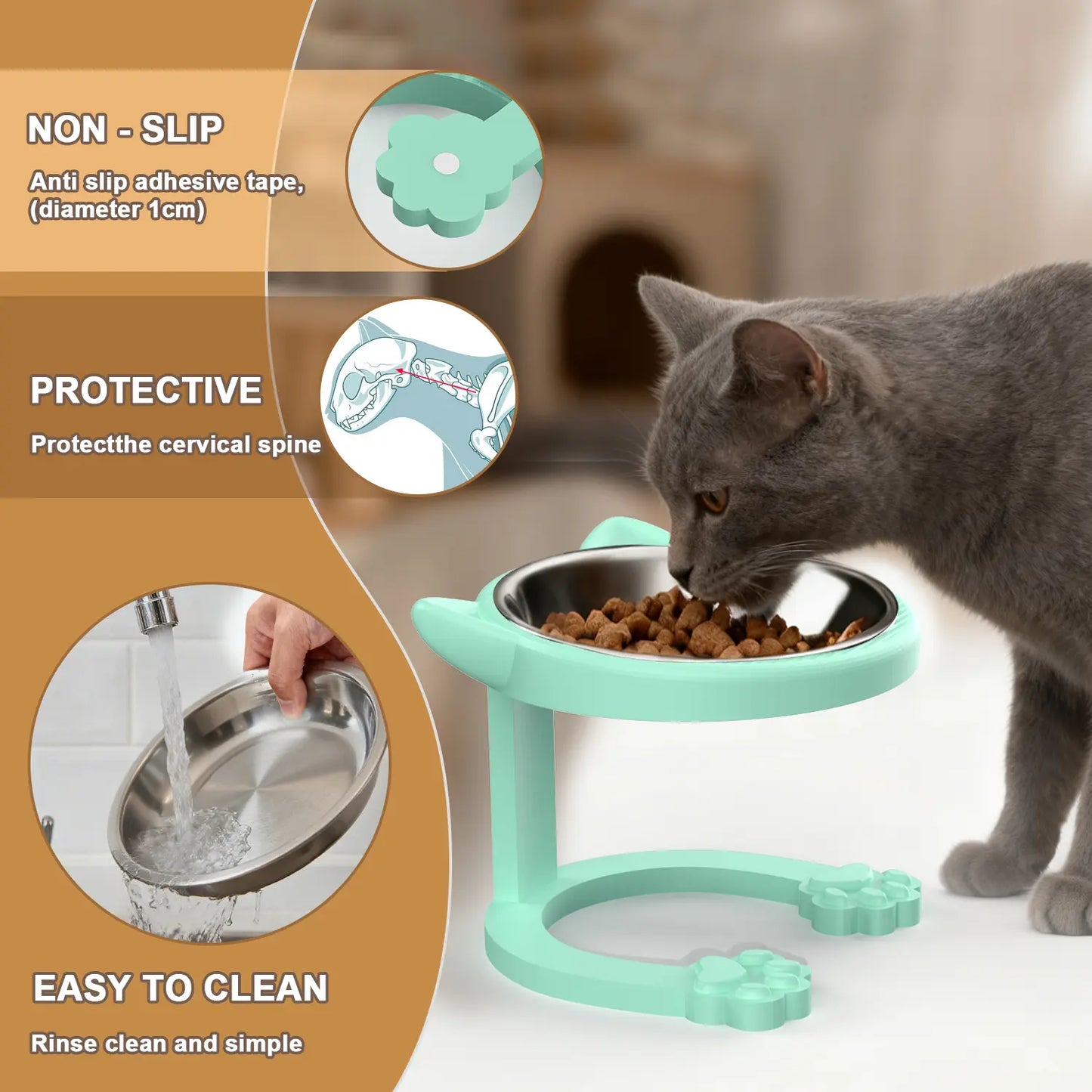 Elevated Stainless Steel Cat Bowl with Anti-Slip Stand - Whisker Friendly Feeder for Senior Cats and Small Puppies - Easy Clean & Portable Design
