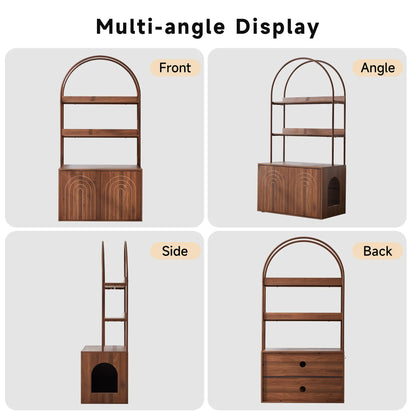 Stylish Walnut Cat Litter Box Enclosure with Shelves – Modern Hidden Cabinet for Your Living Room