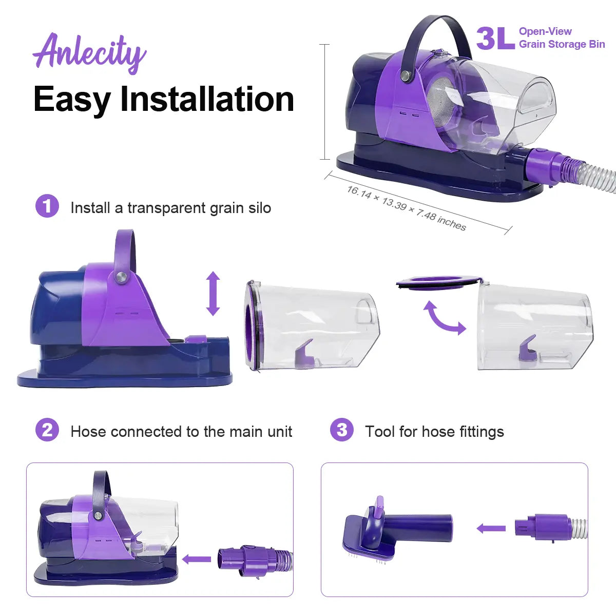 Anlecity Professional Dog Grooming Vacuum Kit - 6-in-1 with Cordless Clippers & 5 Tools, 3 Suction Modes, 3L Cup for Effortless Pet Hair Removal