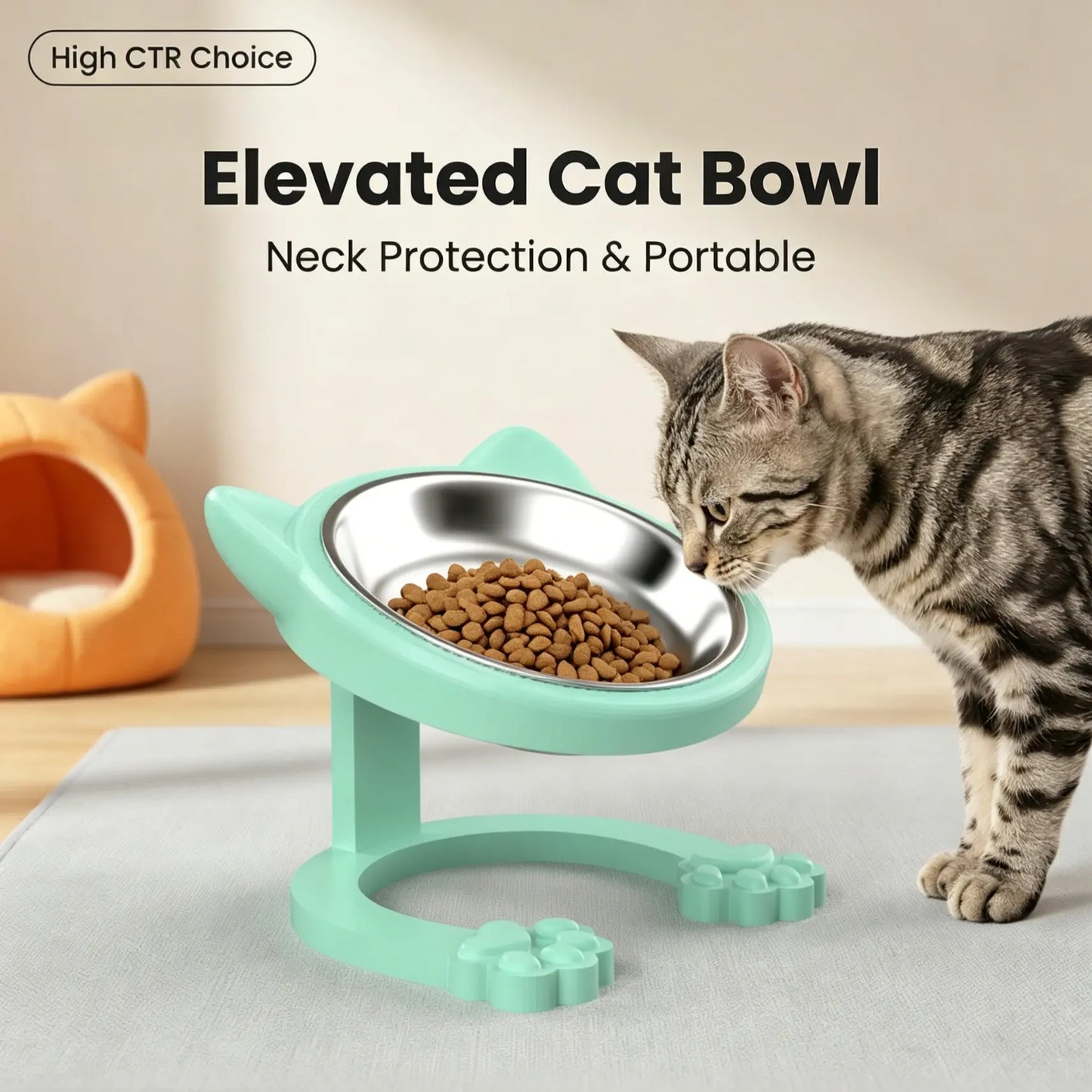 Elevated Stainless Steel Cat Bowl with Anti-Slip Stand - Whisker Friendly Feeder for Senior Cats and Small Puppies - Easy Clean & Portable Design