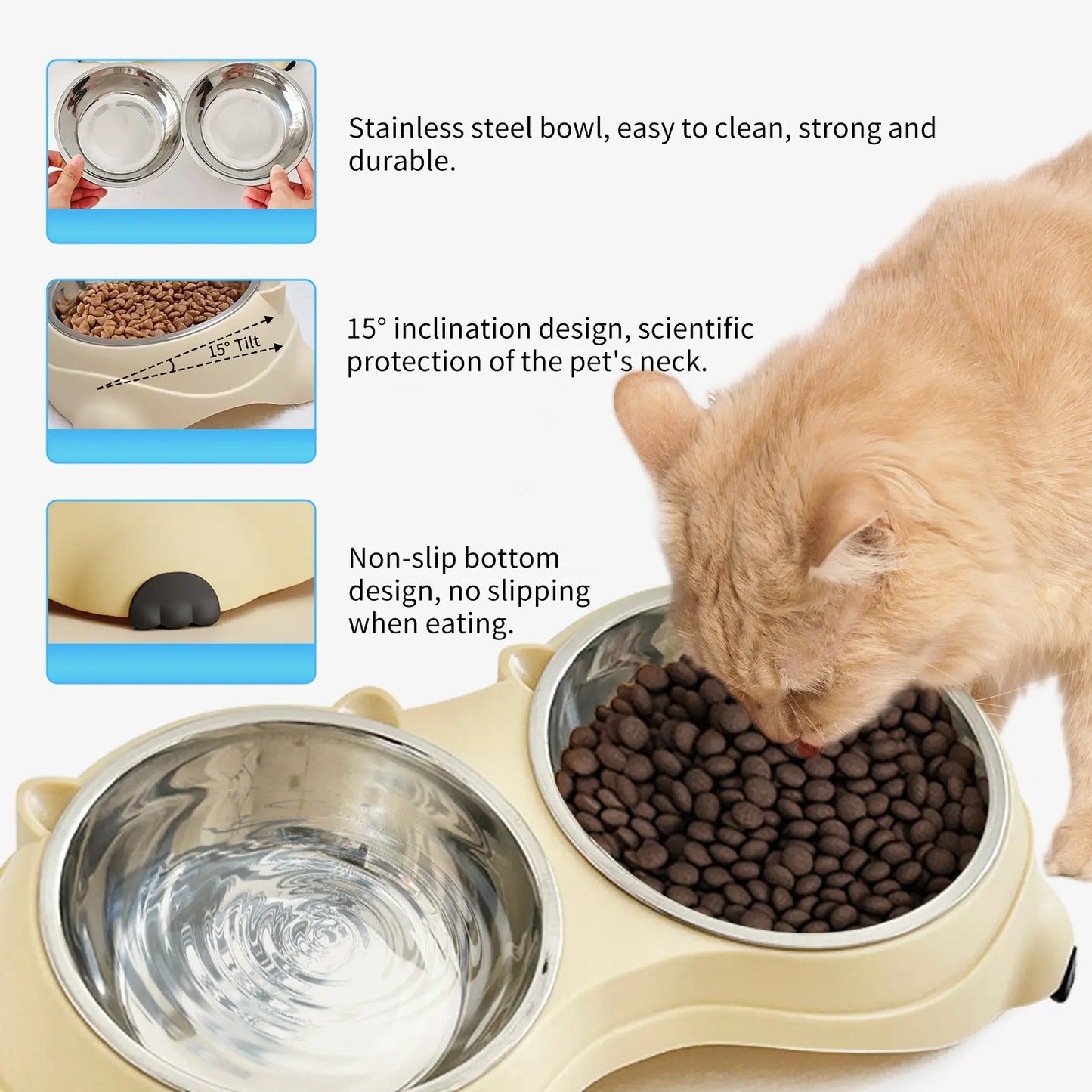 Stylish Double Stainless Steel Pet Bowl Set with Non-Slip Base – Ideal Feeding Station for Cats & Small Dogs, Easy-Clean Removable Bowls in Trendy Colors!
